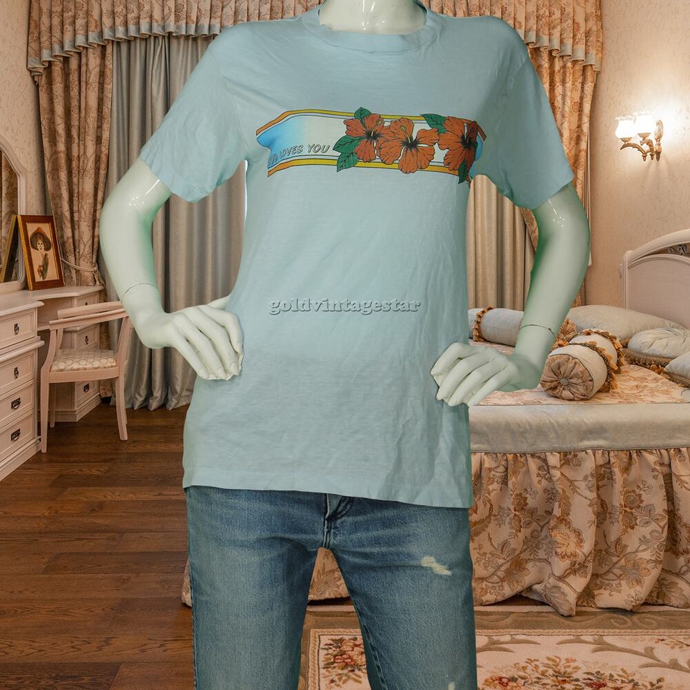 Vintage Single Stitch God Loves You Orchid Hawaiian Aloha Christian T Shirt S